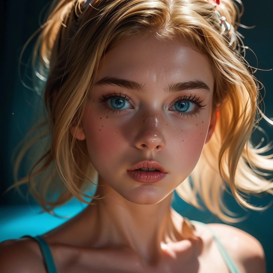 A girl 18-year-old long blonde braided pigtails very thin does naked ballet, without clothes,flat chested,small breasts,makeup smeared,makeup run,perfect lips, schwarzerLippenstift, braces, freckles,big eyes,blue eyes,sweating, sweats heavily,wet,muito detalhado, best quality, extremely detailed face, perfect lightning, Ballet Studio Background, sexly, erotic, unique, 4K, masterpiece