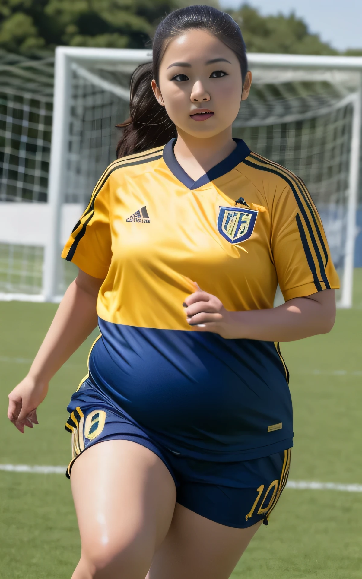 (realistic, hight resolution, full body shot), (Best Quality), (masterpiece), (1girl in soccer wears), Solo, a beauty girl holding a soccer ball, Football field in the background, gigantic saggy breasts, giga_busty