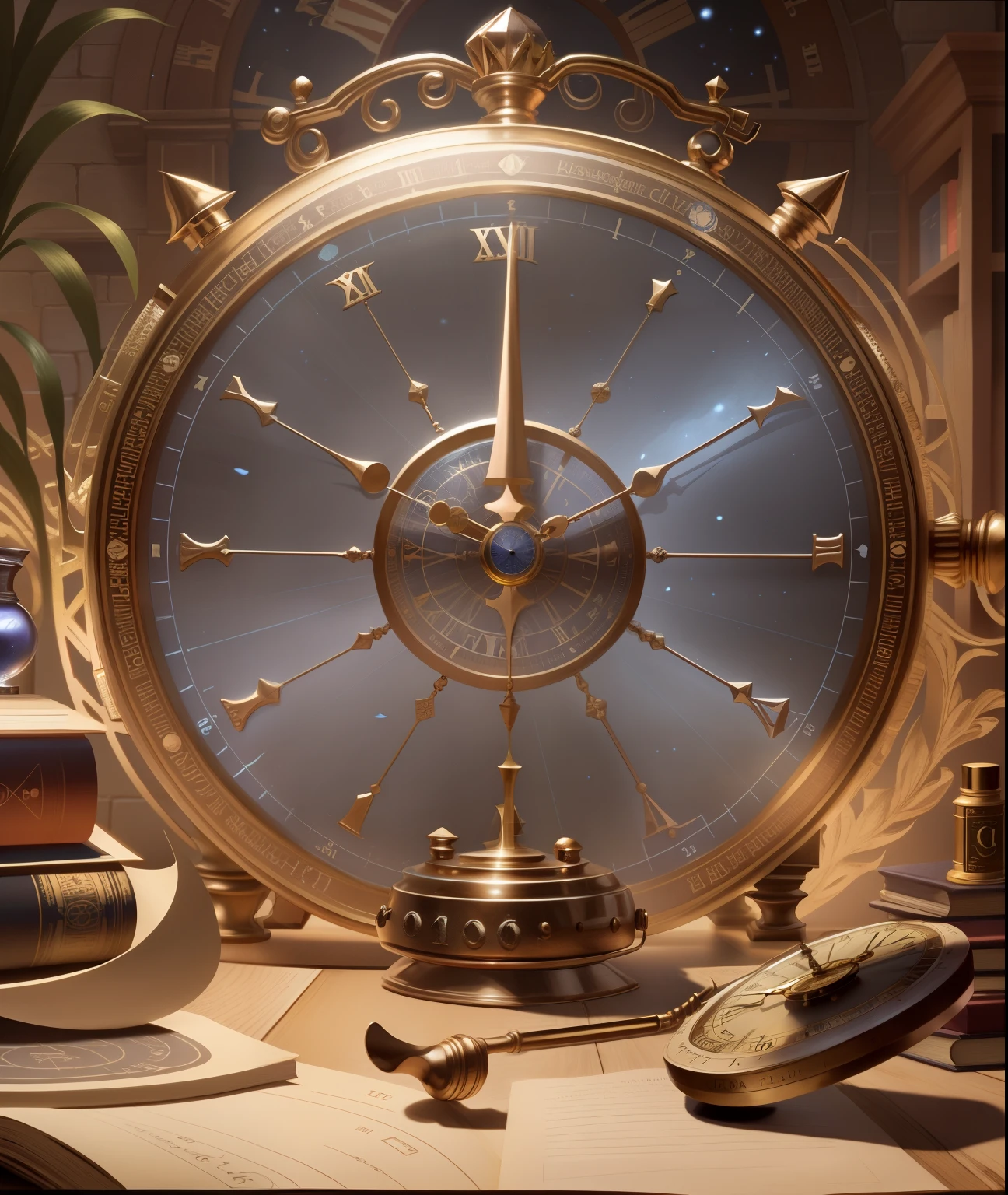There is a clock and some books on the table, Alchemist&#39;s Library Background, Astrolabe, Stunning mysterious background, 8K HD Wallpaper JPEG Artifact, 8K HD Wallpaper JPEG Artifact, Infinite Space Clock Background, Detailed key animation art, time ball, Official artwork is rich in detail, Detailed game art, Detailed game art illustration，Diablo concept art