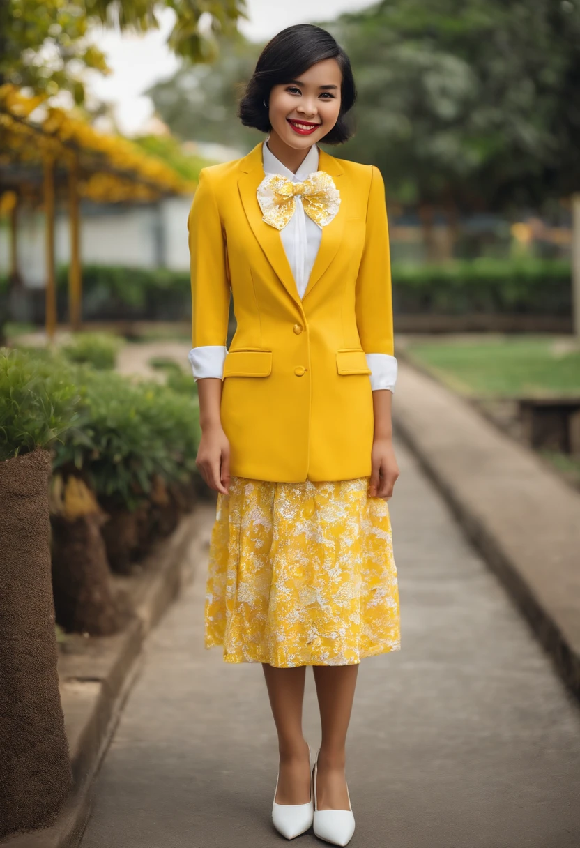 a young Indonesian woman with short hair, shiny white bangs in the front, wearing a yellow suit, white shirt, yellow bow tie, long skirt and shoes, is standing in the school yard smiling