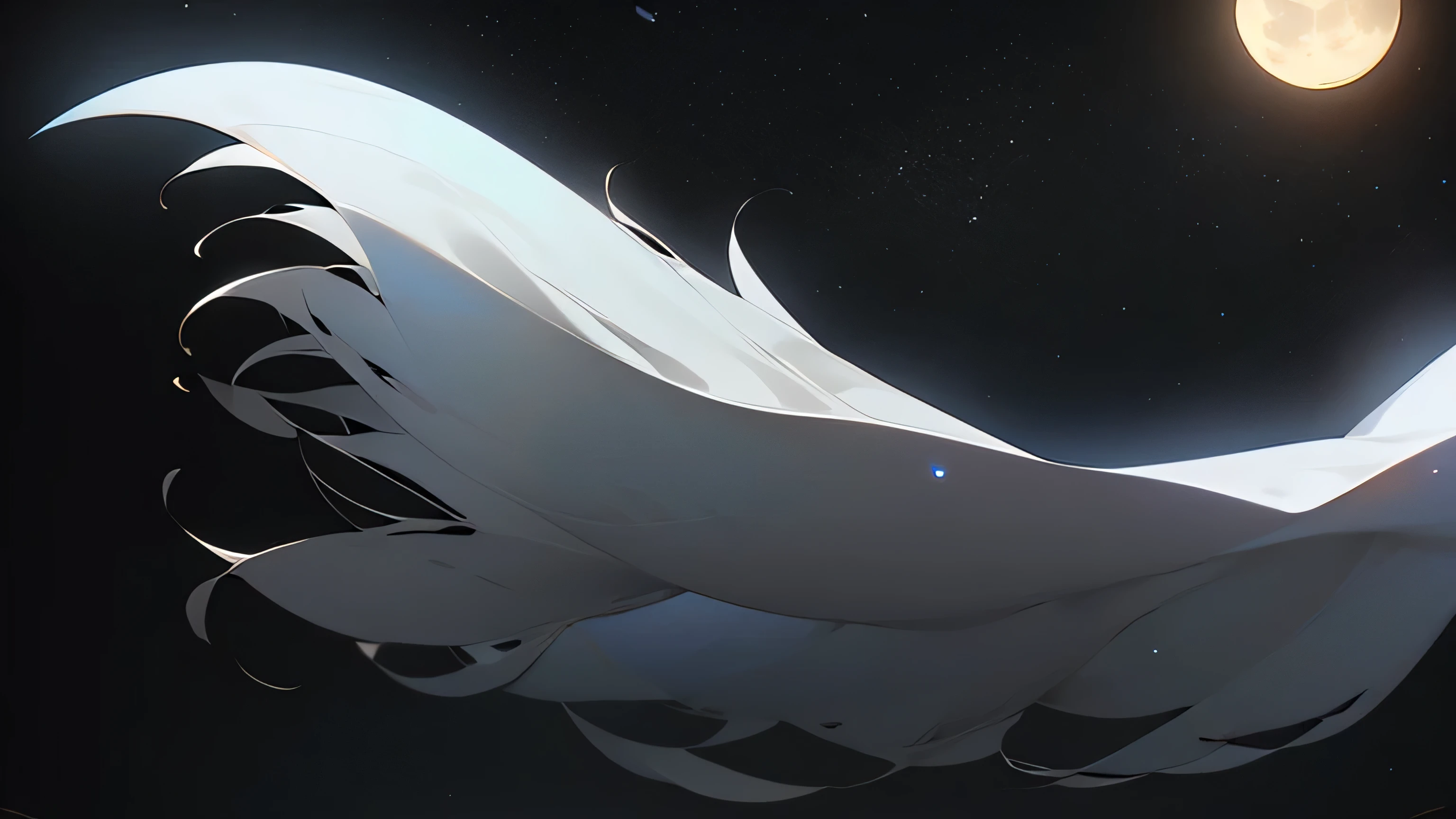 White cloth ghost　Flying in the night sky　A full moon filling the entire field of vision　Shrine grounds　Backlit by the moon　The ghost&#39;s hair is brown　One strand of hair is covering the entire face