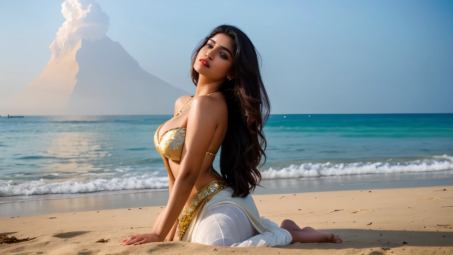 Ultra realistic cinematic soft light and ultra detailed hour portrait, full body shot, actress rea chakraborty, 1 i girl in, age19, Solo, Long hair, Colossal , Looking at Viewer, black hair, Bare shoulders, Brown eyes, Full body, off shoulders, saree, Realistic, A sexy, 4Kax quality, big breastssuper sharp image, 8K, beautiful pose, playboy model, photo s headshot, masterpiece, sex bomb, Pakistani, detaileddy, Egypti, chewing lips, highly detailed, seducing, seductive,face only, perfect lightening, white skin, good bright lightening, beach ,