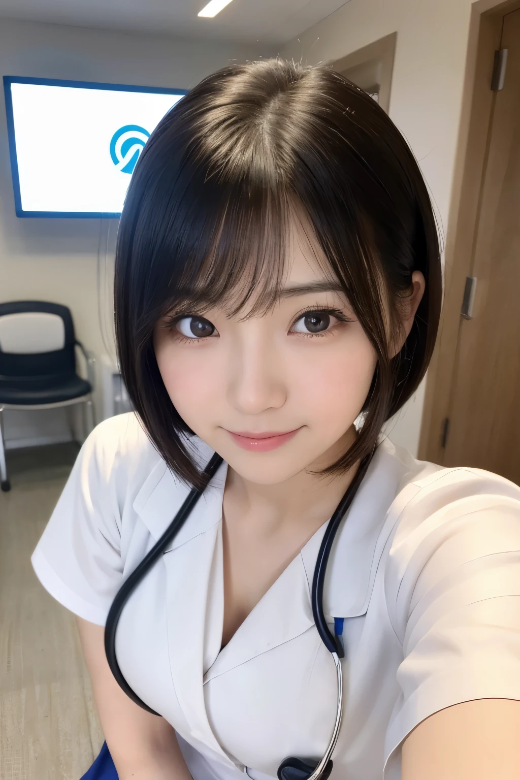 (1 Girl)、(Beautiful Japanese、18years old,round face、Refreshing、clear、seems kind、stylish、Pitiful、cute like an angel、cute、black eyes、,actress,Almond-shaped eyes), Good style , (Beautiful big breasts:1.2),(soft breasts),(very cute),(Black hair),(short bob hair),(enchanting eyes),(highlight on eyes:1.2)、(8K、Live shooting、highest quality、masterpiece:1.2、optimal lighting)、((masterpiece)),(Photo taken by a professional photographer),(real、photo real:1.4),break,{ (White nurse costume),(((taraditional nurse uniform))),(White nurse mini skirt),((White pantyhose)),(cleavage:1.2)},(Smile),(cheeks are red:1.2), break, break,Hospital,Face shot:1.3、Hospital waiting room、Looking at viewer, face close-up,Dynamic angle,leaning forward,Both eyes closed