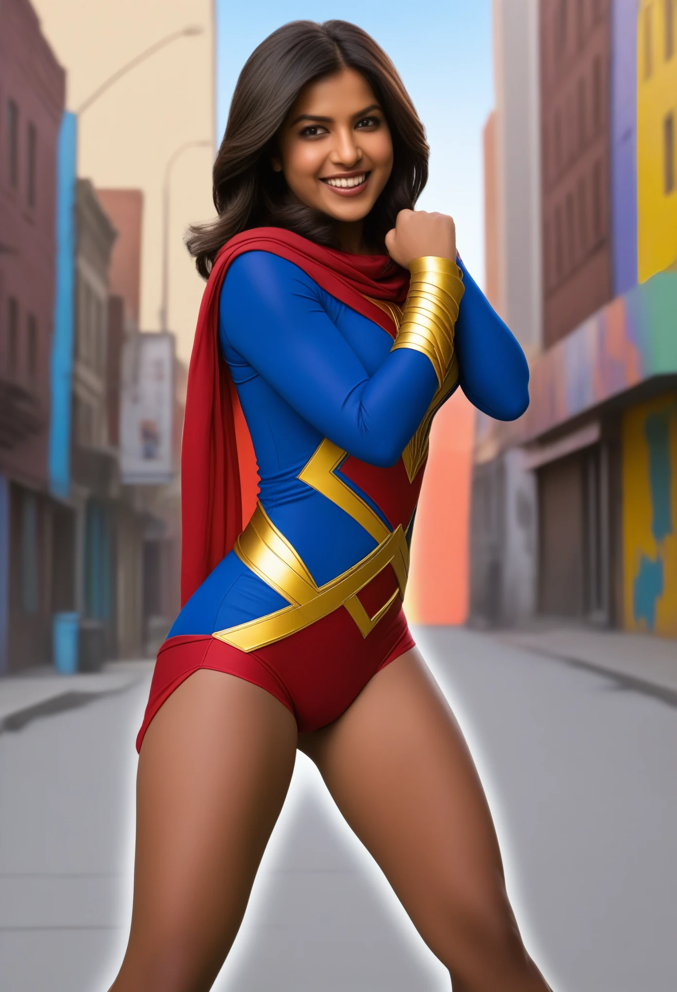 
Priyanka Chopra Jonas as Ms. Marvel (Kamala Khan)
Priyanka Chopra Jonas bursts with vibrant sexual energy as Ms. Marvel. Her signature blue and gold costume stretches over her arms and legs, emblazoned with a bold Ms. Marvel symbol on her chest.  Flung back by the force of her own embiggened fists, her dark hair whips around her face in a dynamic pose.  A mischievous grin spreads across her lips, showcasing her infectious enthusiasm.  The background  is a bustling cityscape filled with colorful murals and everyday citizens in need of saving, highlighting Kamala Khan's roots and her connection to her community.
