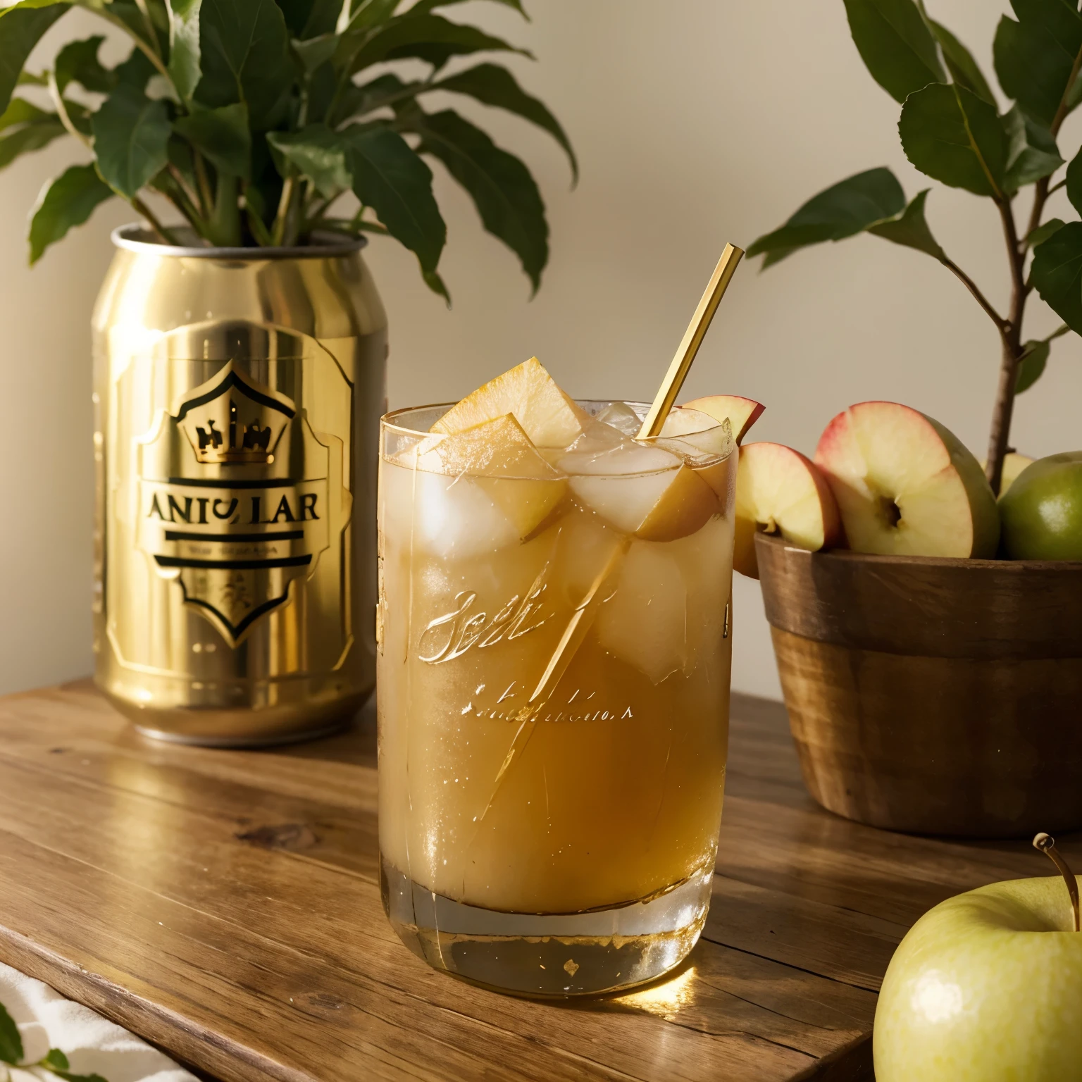 can design "Pomme Royale":

The can has an elegant and minimalist design. En la parte frontal, destaca el nombre "Pomme Royale" in an elegant, golden typography, con la imagen de una corona estilizada sobre la letra "R". Abajo del nombre, there is an illustration of a golden and ripe apple, con hojas verdes. 

En la parte superior de la lata, hay una franja dorada que rodea el borde, agregando un toque de lujo. En la parte inferior, se lee "Sparkling Apple Wine" in smaller letters, indicando el contenido de la bebida.

El fondo de la lata es de un color blanco nacarado, lo que le da un aspecto sofisticado y moderno. La lata es delgada y alargada, similar to tail-type alcoholic beverage cans.

The drink itself has a light, shiny golden hue, with small bubbles that rise gently. Al abrirla, emana un aroma fresco y frutal a manzana madura.