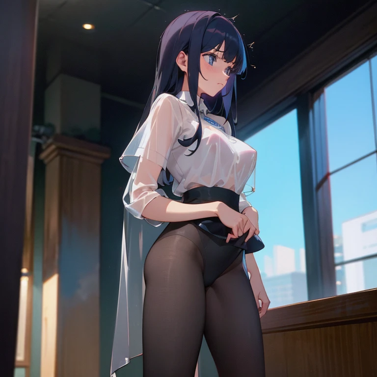 She is wearing only a very thin, see-through black undergarment and thin, see-through black tights.　first round　