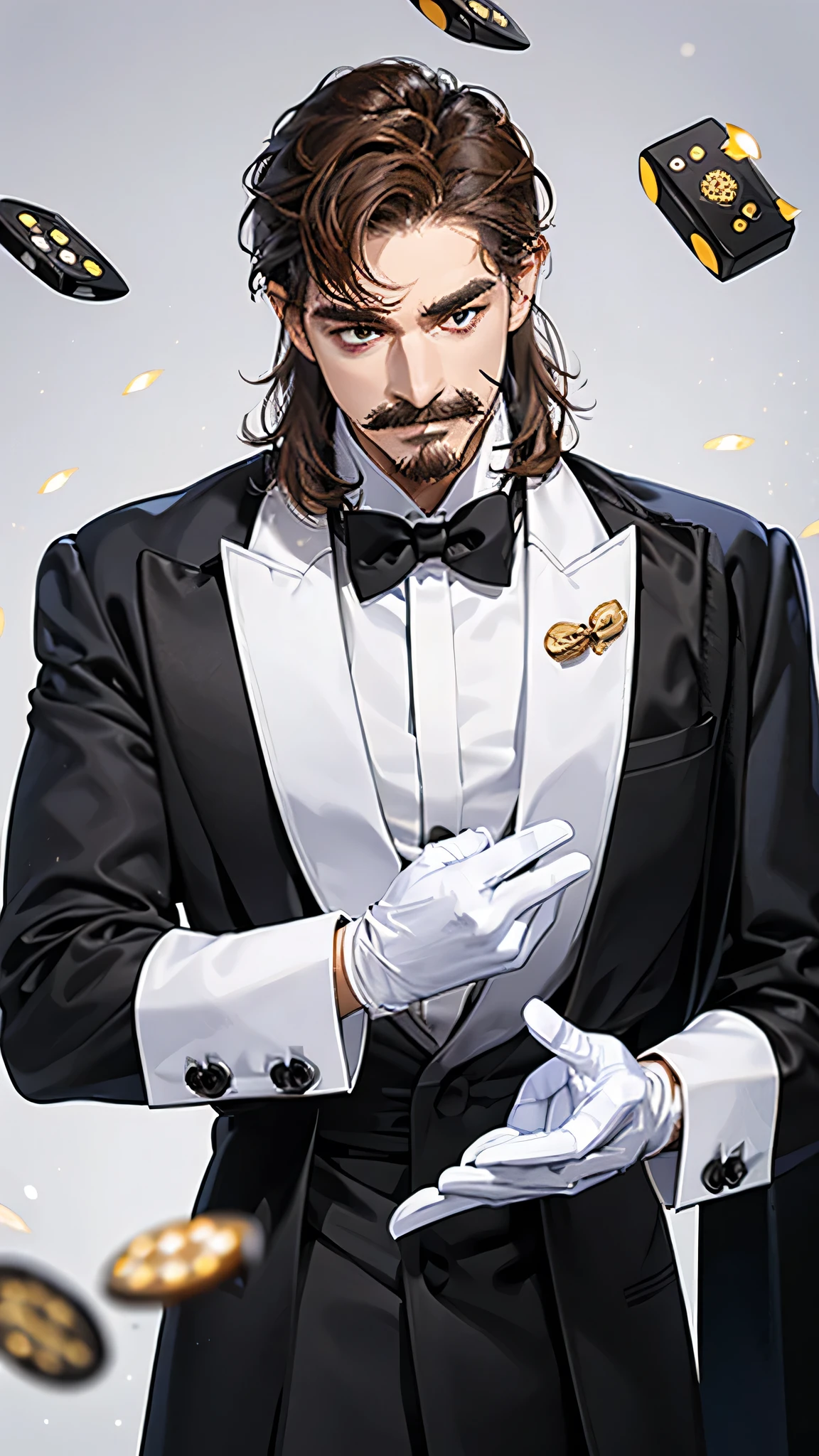 Best detailed, best quality, 8k, middle age man, curved mustache, medium length hair, brown hair, holding dices, wearing tuxedo, looking at viewer,  rollinging dices, standing, white background, white gloves.