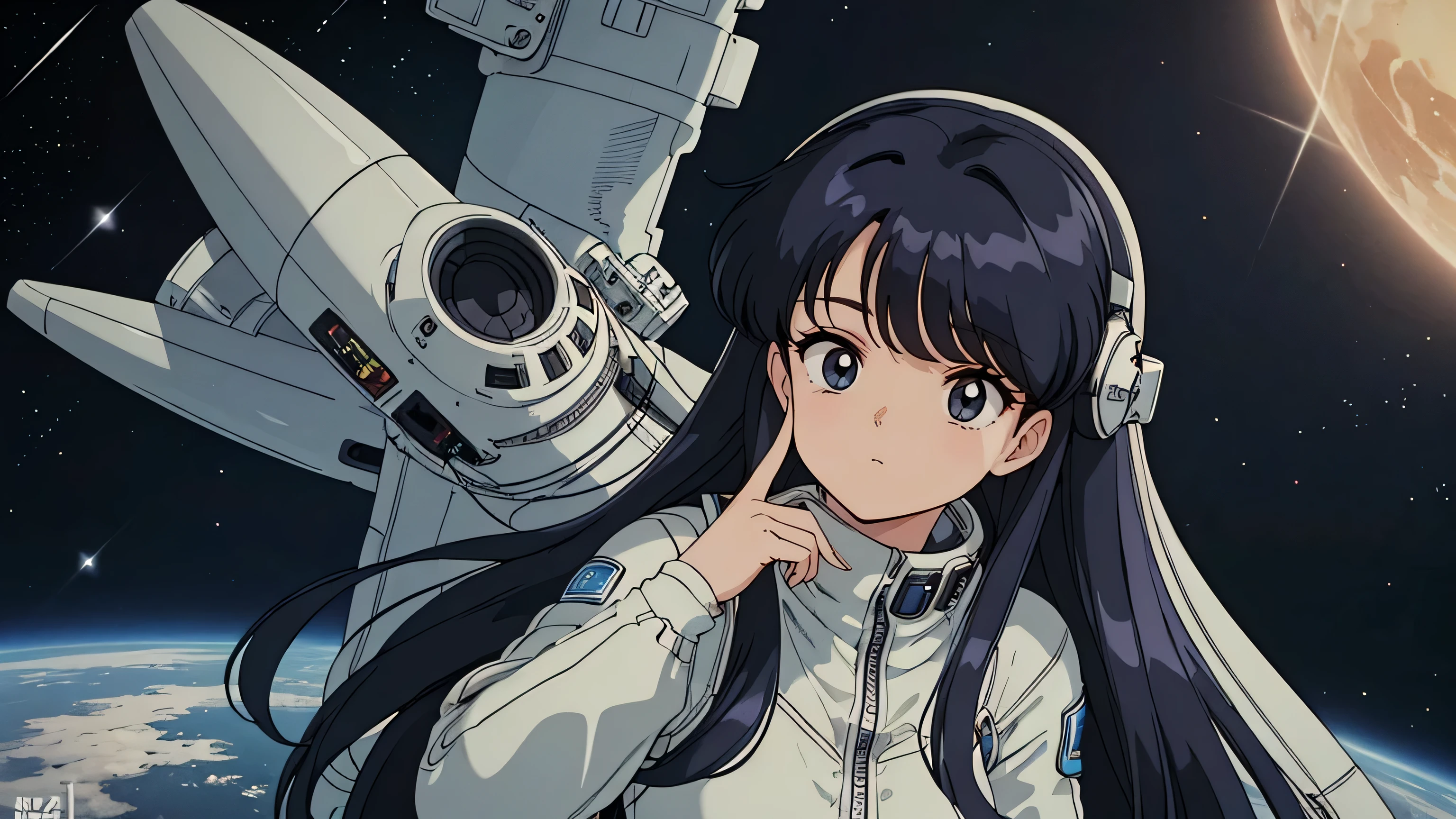 Anime,(80s anime),(Retro,(masterpiece:1.2),(Best quality:1.2), Ultra detailed,,best quality, insanely detailed, beautiful,extremely detailed , 8k),(perfect eyes,perfect hands,ultra-detailed eyes,perfect fingers),(A girl is in space wearing a spacesuit ),(a girl doesn't look this way),(long hair),(a girl only),(headphone)
