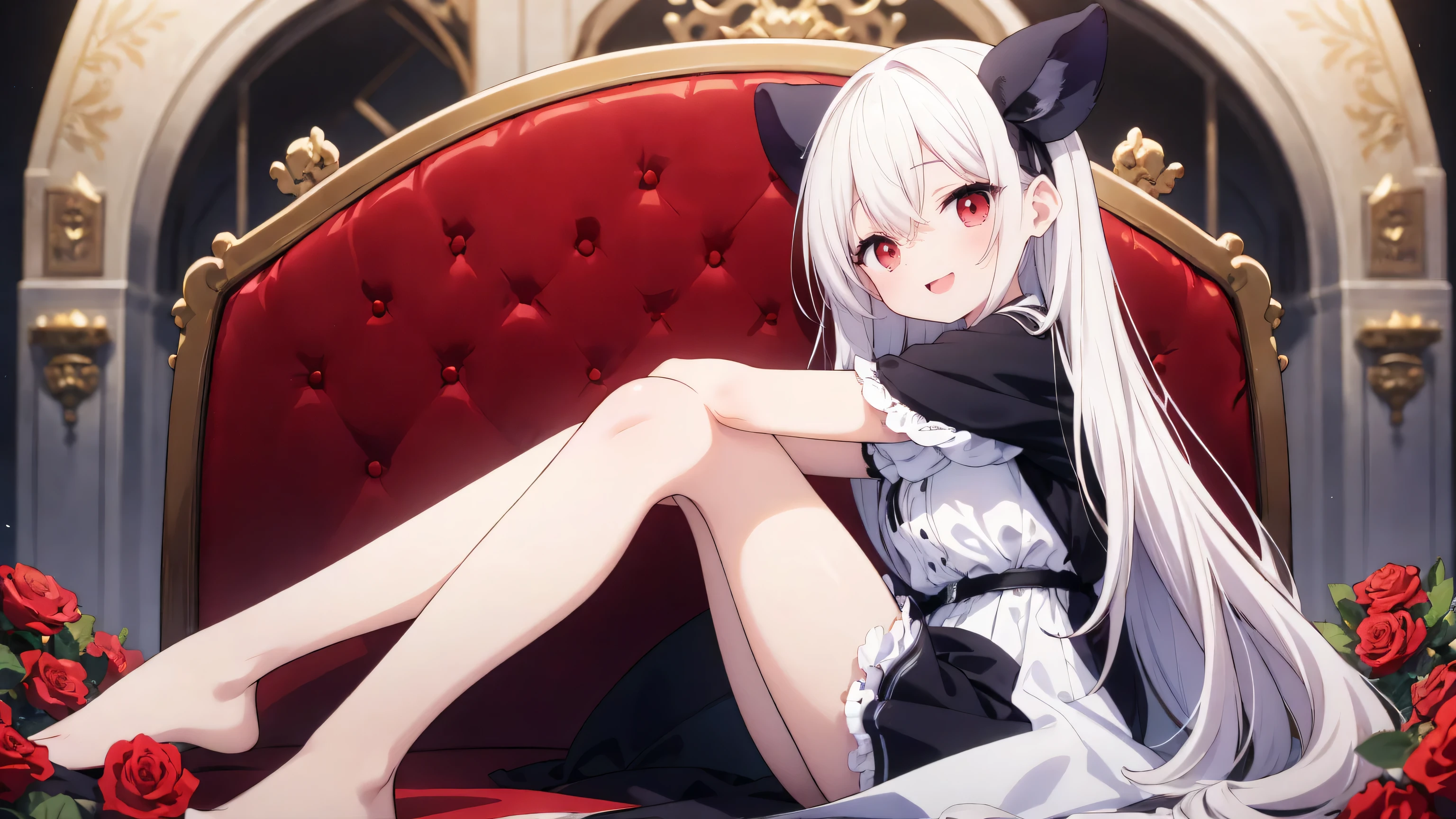 Very cute girl、(I am 16 years old)、、Bangs too close to the eyes、Glowing red eyes、(Normal Human Ear)、Thin arms、Beautiful body、Thin legs、Translucent white skin、Happy smile、Open your mouth、Playing innocently、Ultra HD、Digital SLR、Many colorful roses blooming in the background、Upper Body Shot、Sitting with legs crossed、Sitting with knees hugged、running、