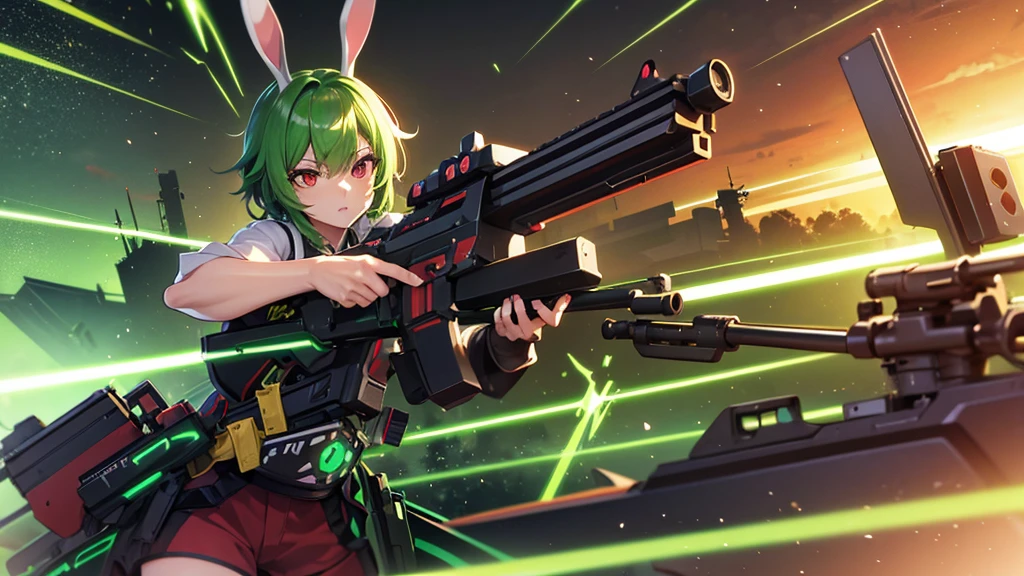 (((green short hair))), Black glasses without a frame on topanime, rabbit ears, green short hair, red eyes, (japanese anime style), (((long guns))), japanese school girl suit, ery detailed CG unified 8k wallpaper, very fine 8KCG wallpaper, hyper quality,