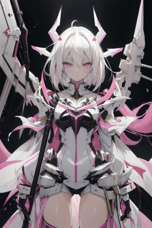 masterpiece, best quality, detailed eyes, black background
1 anime girl, (cowboy_shot view), thighs,
extremely long hair, white hair, pink eyes, short hair,
shiny skin, oily skin, 
[standing straight],
extreme lowleg, very skimpy,
(demonic girl), vibrant colors, (extreme chaos clothes:1.3),
executioner colors, light power, :/, silent beauty, light scythe, white clothes, light pink clothes, gold clothes, fantasy attire, (mucho details),
spiked headgear, gown,
mecha headgear, mecha gear, sci-fi, mecha musume,