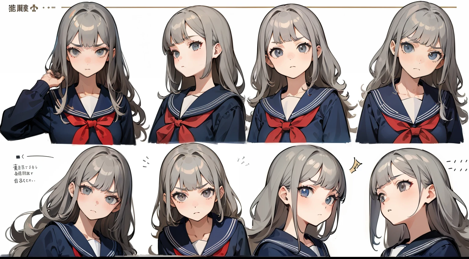 ((masterpiece, highest quality)), Detailed face, Character Sheet, whole body, Full of details, Various poses and expressions, Very detailed, depth, Many parts, One girl, , seifuku, Sailor suit, Long sleeve, Grey Hair, Wavy Hair, Long Hair, Blunt bangs, Otaku, Flat Chest, Angry expression