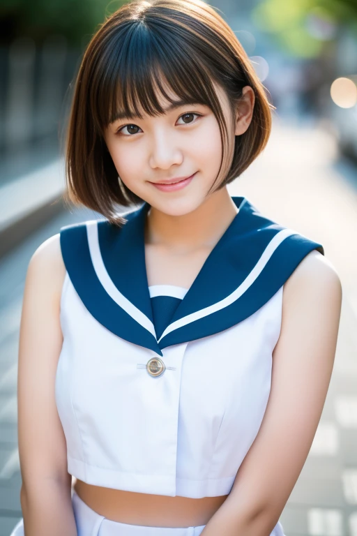 16 year old Japanese high school girl student, Sailor suit,short hair , Idol-like face,Smile Tabletop, highest quality, 8k, Teen, RAW Photos, alone, Delicate girl, Upper Body, Digital SLR, View your viewers, Frank, Sophisticated, Thin arms, Professional Lighting, chromatic aberration, (Eyes and facial details:1.0), (Bokeh:1.1) , Close your mouth , Huge breasts