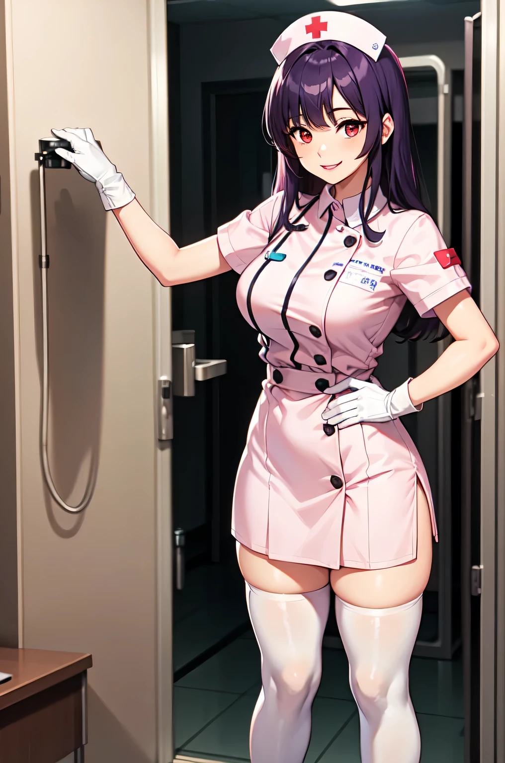 1woman, solo, nurse, white nurse cap, white nurse uniform, ((white legwear, zettai ryouiki)), white gloves, long hair, purple hair, red eyes, pink lips, smile, standing, ((hospital room)), sharp outline, short sleeves, mature female, 35 years old, best quality, masterpiece