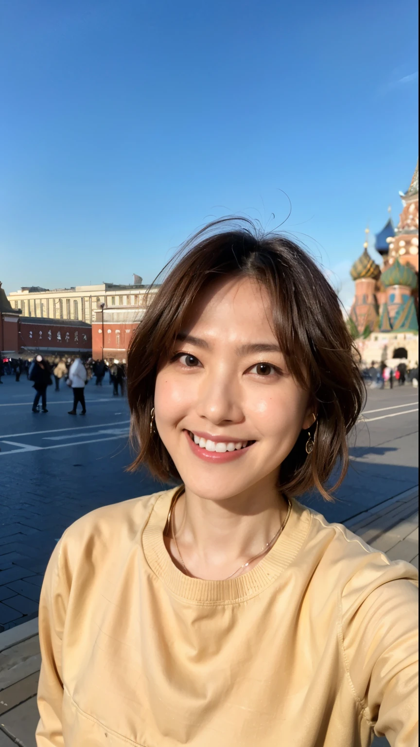 (highest quality, 8k, 32k, masterpiece, Ultra-high resolution:1.2),Beautiful Japanese Women Photos, Large Breasts, Very short bob hair,whole body,White sweater, necklace, Simple Background, From above, View your audience,smile、(Russia:1.2)、(Moscow Red Square:1.4)、(old Town:1.2)、(The Kremlin:1.2)、(Illuminated by the morning sun:1.4)