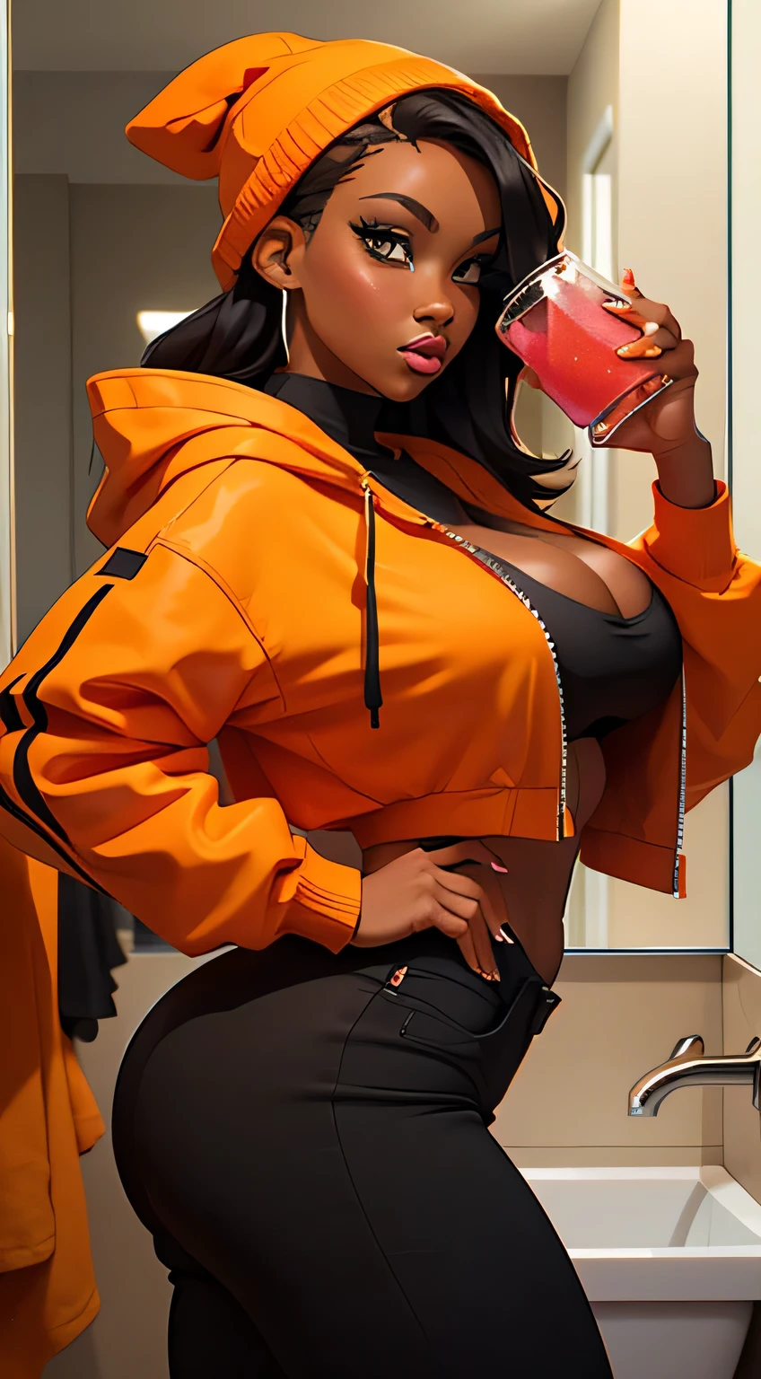 Fashion shoot to sexy model in a bathroom mirror taking a picture of herself, orange and black, tight outfit, thicc, black and orange, orange hoodie, orange jacket, orange and black tones,, curvy sexy , sexy young ebony, slluty , bitch, NY, professional shoot, world famous ebony chick, GAP instructor and blogger, model in onlyfans and Instagram, vibrant orange, she is wearing streetwear, casual pose, orange neon, attractive pose, big booty, tight fit, holding a bottle, jaw dropping beauty, holding a drink