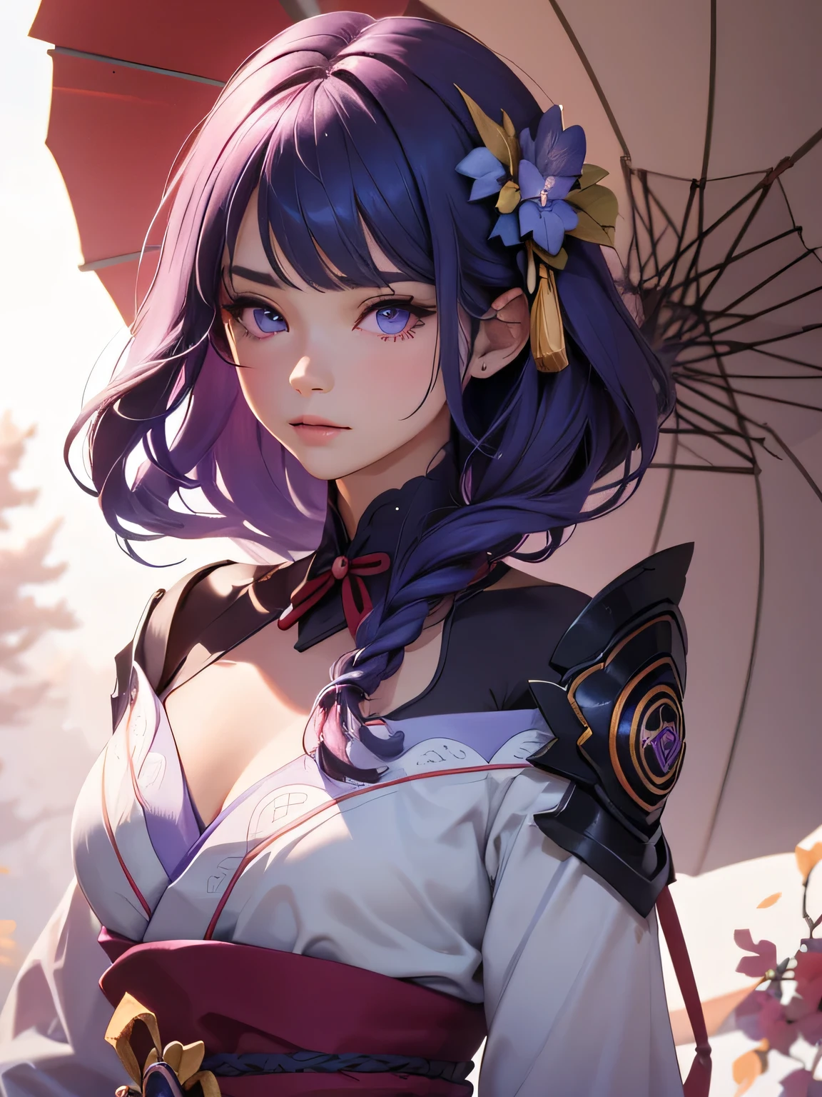 ((Close-up of upper body:1.4))Japanese Temples, (highest quality,Realistic,masterpiece:1.2,8k wallpaper:1.2),((Pale skin)),One girl,Solo Female,((Genshin Impact_Impact,General Raiden)),Lightning particles,Purple Lightning,Light background,Cherry tree,Purple Theme,Delicate facial features,Sexy and beautiful anime girls,General Raiden,Long purple hair,Rosy lips,Anime Mouth,Keep your mouth shut,(Very sad face),Fine grain,Big body type,