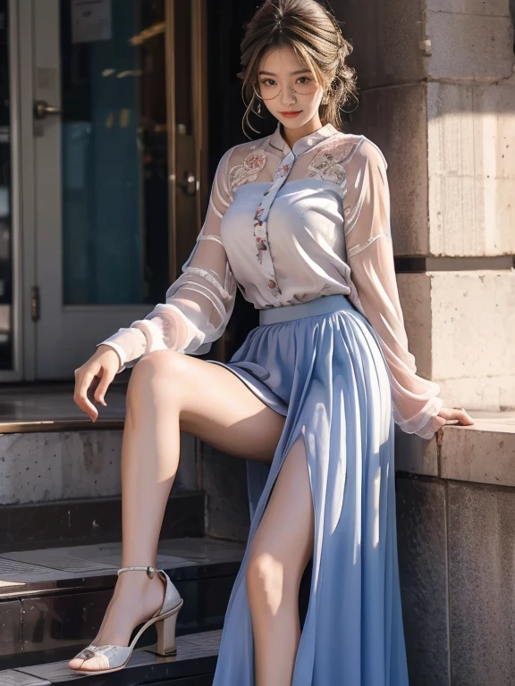 (Realistic、High resolution:1.3),alone, One Girl, masterpiece, highest quality, Very detailed, Cinema Lighting, Intricate details, High resolution, Official Art, Beautifully detailed face and eyes, High resolutionのイラスト, 8k, (Short bun hairstyle), Ash Brown Hair:1.3, Very thin body, ((Monogram lace)),((Chiffon long skirt、Chiffon blouse:1.3)) 、Single Blade, blue eyes, Glasses,  patterned high heels, Big Breasts, Book_stack, library, ((vine)), Looking at the audience,whole body,Elegant high heels,