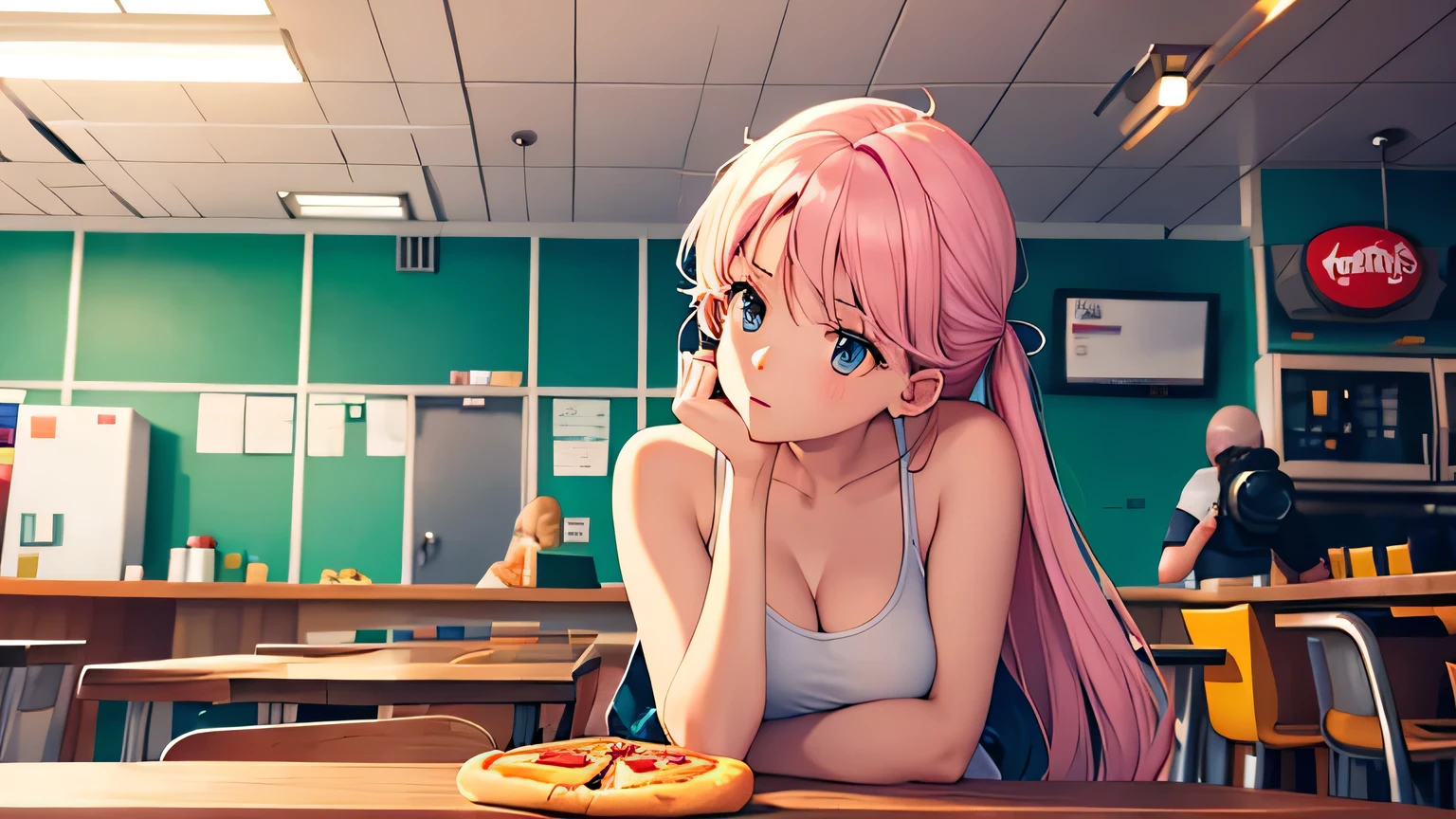 the pizza is in my head inside a cafeteria, utilizando la regla de los 3 tercios de fotografia para colocar al personaje, chica comiendo pizza medio cuerpo