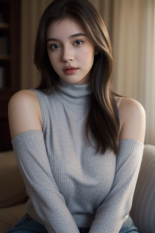 ((dressed)), (photo realistic:1.4), (hyper realistic:1.4), (realistic:1.3),
(smoother lighting:1.05), (Improve the quality of cinematic lighting:0.9), 32k,
1 girl, 30 year old girl, (perfect body), perfect face, beautiful face, sweater, turtleneck, sleeveless, bare shoulder, gorgeous, gorgeous female, beautiful, perfect saggy breasts, charming, perfect female body, fancy lighting, perfect skin, soft skin.
(Enhance the mood of your body line:1.1), (Enhances the beauty of skin texture:1.1)