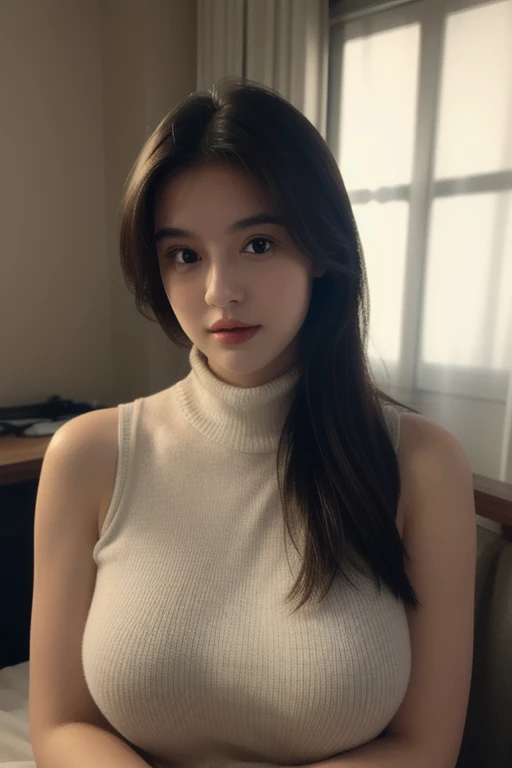 ((dressed)), (photo realistic:1.4), (hyper realistic:1.4), (realistic:1.3),
(smoother lighting:1.05), (Improve the quality of cinematic lighting:0.9), 32k,
1 girl, 30 year old girl, (perfect body), perfect face, beautiful face, sweater, turtleneck, sleeveless, bare shoulder, gorgeous, gorgeous female, beautiful, perfect saggy breasts, charming, perfect female body, fancy lighting, perfect skin, soft skin. 
(Enhance the mood of your body line:1.1), (Enhances the beauty of skin texture:1.1)
