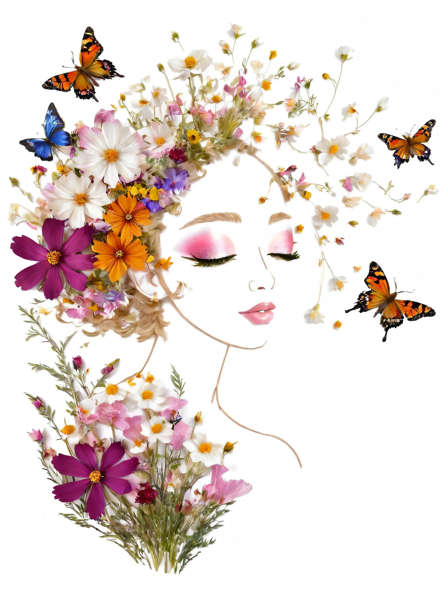 Fall Leaf Crafts, Girl made of flowers, Cosmos flower、butterfly、Portraiture, White Background、