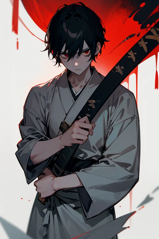 Beautiful boy、male、Calmness and tension、A face that feels young、Adult atmosphere、Plain black yukata、rough、Expressionless、Black Hair、Short Hair、Long side hair、Red Eyes、Dark as a dark night、Lonely、Sadness、Nostalgia、Murderous intent、Dangerous aroma、Carrying a Japanese sword