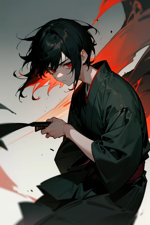 Beautiful boy、male、Calmness and tension、A face that feels young、Adult atmosphere、Plain black yukata、rough、Expressionless、Black Hair、Short Hair、Long side hair、Red Eyes、Dark as a dark night、Lonely、Sadness、Nostalgia、Murderous intent、Dangerous aroma、Carrying a Japanese sword