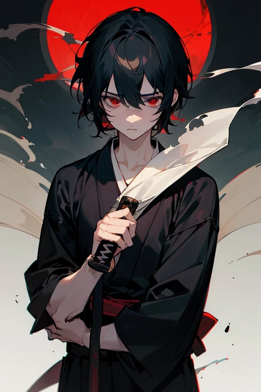 Beautiful boy、male、Calmness and tension、A face that feels young、Adult atmosphere、Plain black yukata、rough、Expressionless、Black Hair、Short Hair、Long side hair、Red Eyes、Dark as a dark night、Lonely、Sadness、Nostalgia、Murderous intent、Dangerous aroma、Carrying a Japanese sword