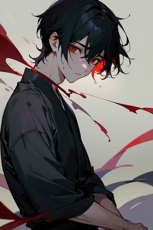 Beautiful boy、male、Calmness and tension、A face that feels young、Adult atmosphere、Plain black yukata、rough、Expressionless、Black Hair、Short Hair、Long side hair、Red Eyes、Dark as a dark night、Lonely、Sadness、Nostalgia、Murderous intent、Dangerous aroma、Carrying a Japanese sword