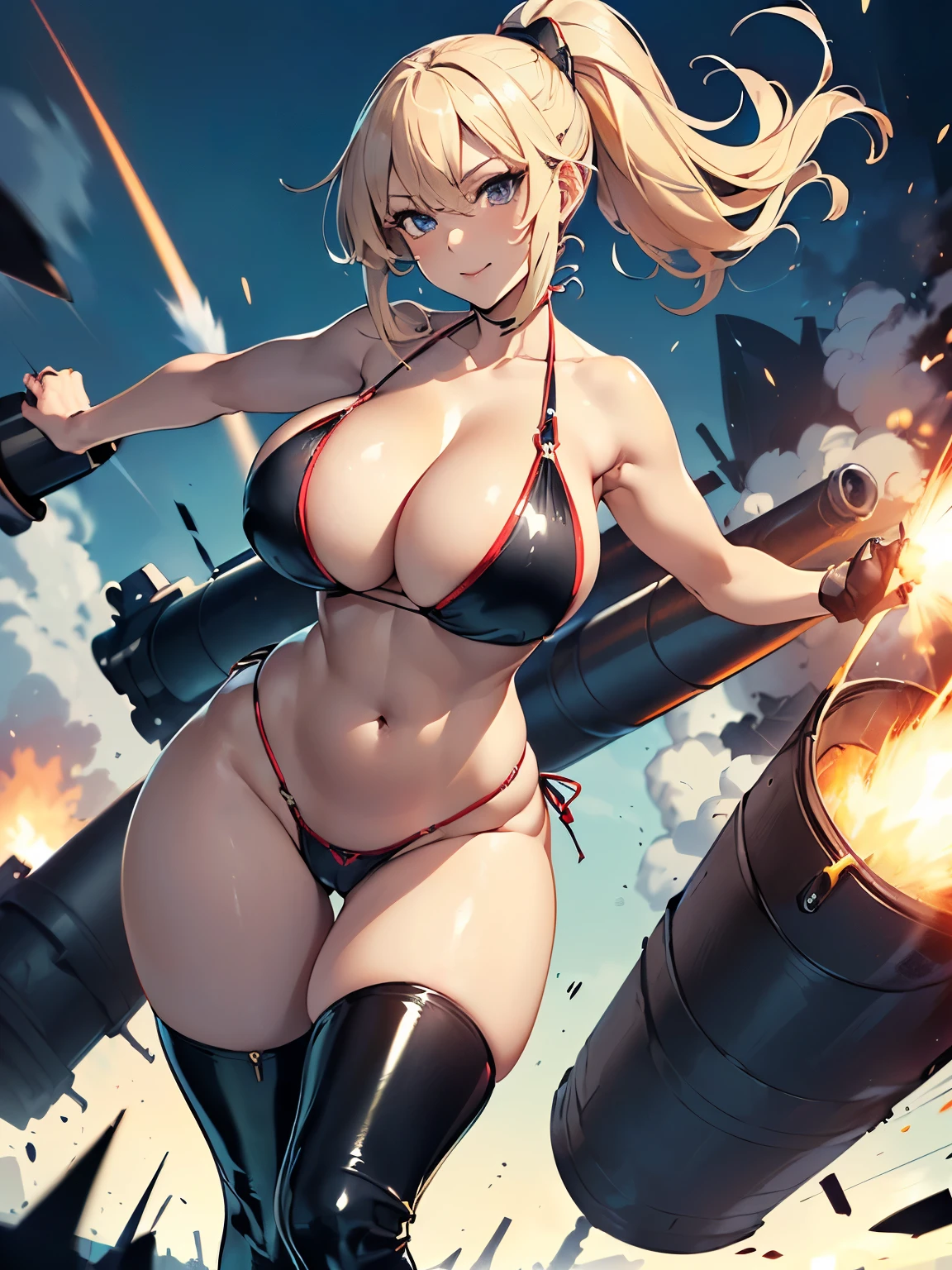 ((Seductive Anime Girl, solo:1.3))、((hero posing:1.2))、((dynamism:1.3))、((dynamic angle:1.5))、((Holding a big artillery:1.6))、((Being in battle field:1.2))、((beauty eye))、ultra-detailliert, Top image quality, digitial illustration, Glossy realistic skin texture、Meticulously drawn hair, Meticulously drawn eye, Sharp Focus, Precise human body structure、Smooth texture、((bazooka and gatling gun and rocket launcher))、seductive smile、((latex micro bikini:1.3 crop top:1.3))、((sleeveless))、((cleavage:1.3))、((crop top navel))、((highleg:1.3))、((huge breasts:1.3))、((huge hip:1.3))、((thick thighs))、curvy、((collarbone))、((cameltoe))