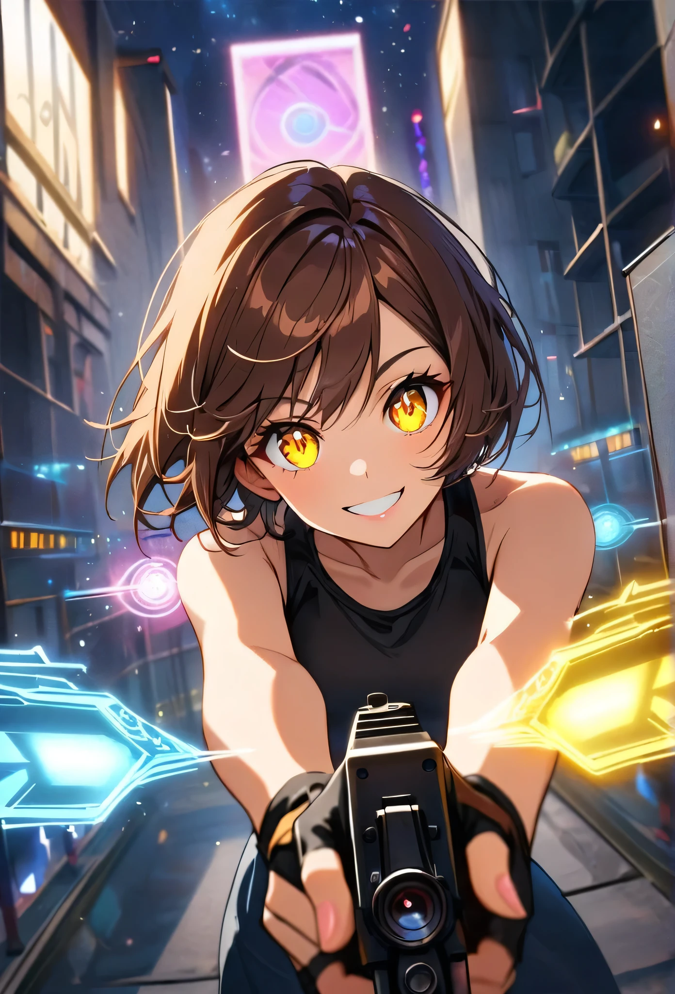 short hair, fitness, gorgeous woman,brown hair ,yellow glowing eyes, perfect lips,big smile , confident smile,cute expression, cute face, fingerless gloves,  gun, tank top, jacket, elegant  pose, ultra detailed face, long eyelashes, sharp eyes , Fullbody shot, dinamic viewer, night sky , dinamic point of view, diferents point of view, top of building 