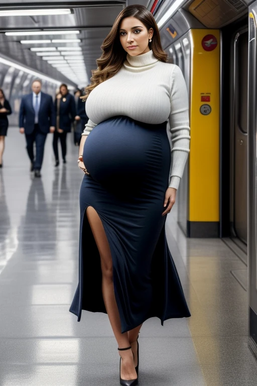 fine art portrait of a very elegant 30yo business lady, elegant and conservative clothes, wearing a lose white turtleneck sweater, a oversized coat, very long business skirt, high heels, sitting in the subway train, highest quality, sexy face high resolution, Eleonora Pavinat 30yo woman, woman with (extremely huge breasts:1.6), (huge pregnant belly:1.4), plus size woman, slim waist, wide hips, extremely beautiful lady