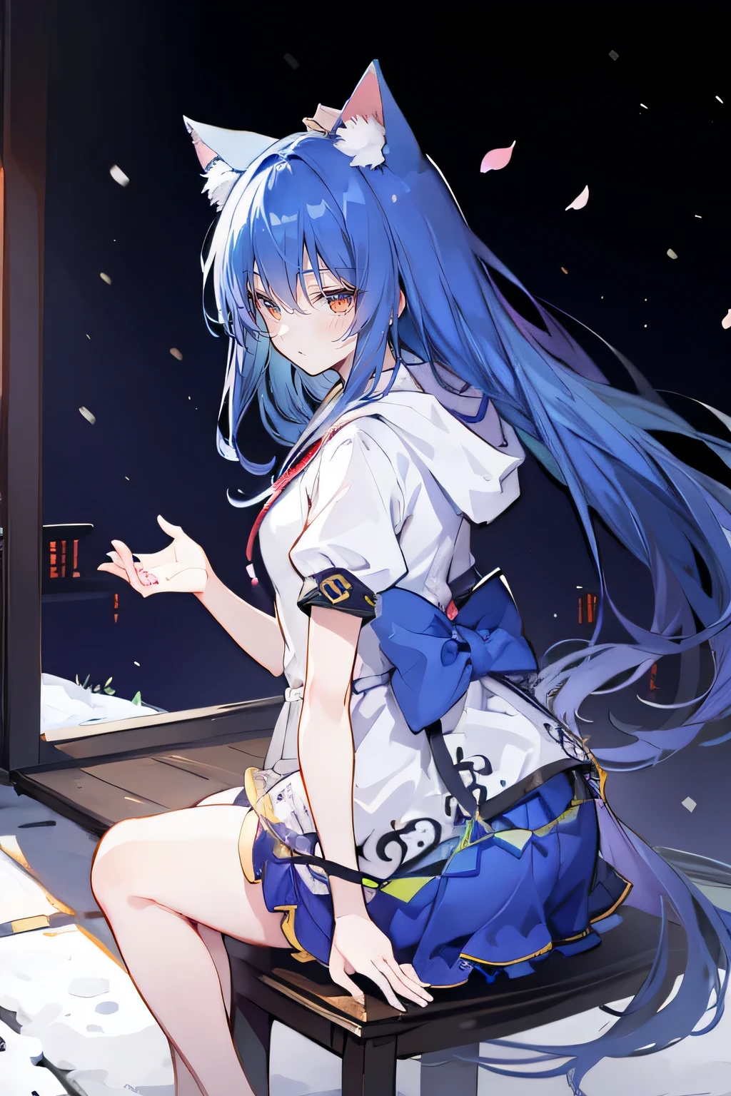 (masterpiece:1.2),Super detailed,lifelike,Expressive eyes,fair skin,perfect face shape,1 girl,
Japanese comics,Gorgeous blue hair,flowing blue hair,flowing clothes,Cat ears,Petals fall,beautiful lola,Baby Angel,
Shaking head with one hand,Cross your legs,Gentle and peaceful background,The pavilion is cool and comfortable,smile, wearing hoodie, background of tokyo,back views,snowing(best quality:1.3)、(masterpiece:1.3)、(illustration:1.3)、(Super detailed:1.3)、(imide lenses:0.9)、1girl、Medium breasts、Purple Eyes、((dark blue hair) )、hair accessories、young、Clothing - Gladiolus、long hair、dark blue hair、indoor、black shorts、high socks、low ponytail、Expressionless、Upper Body、close up、coat、skirt