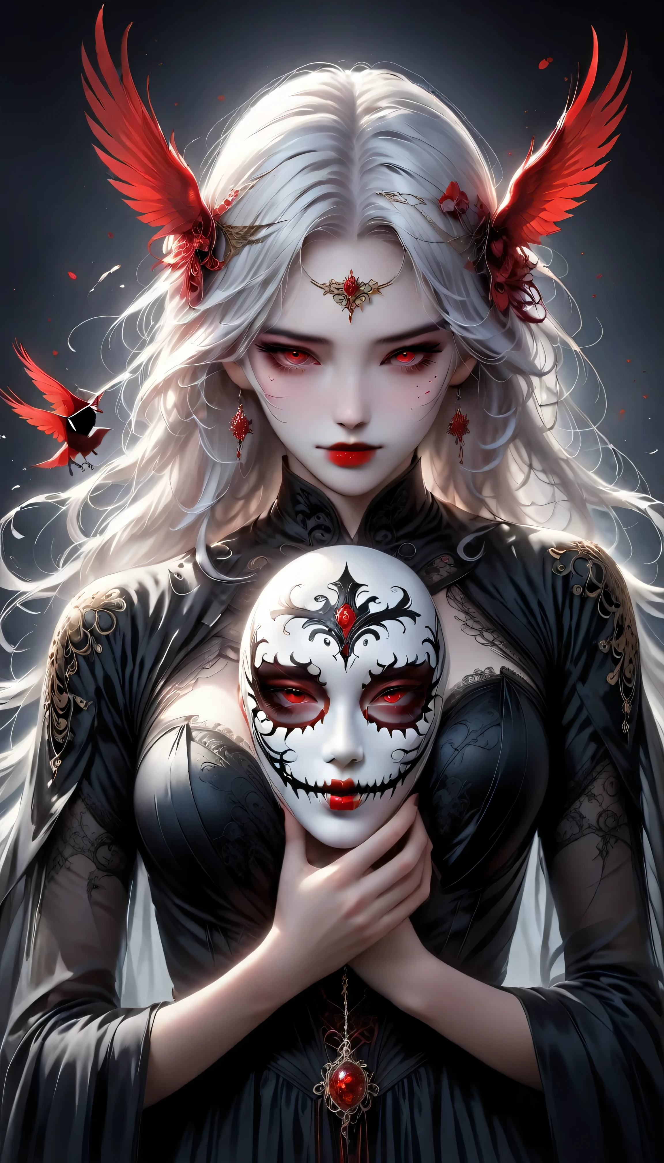 （Hand holding mask：1.5），（White-haired ghost，Straight Hair，Red Eyes），（Gothic art），（Fear：1.5），（Correct human ???????：1.37）Blood
