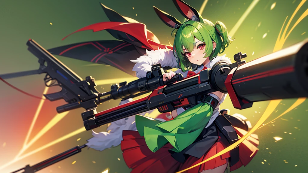 anime, rabbit ears, green short hair, red eyes, (japanese anime style), (((long guns))), japanese school girl suit, ery detailed CG unified 8k wallpaper, very fine 8KCG wallpaper, hyper quality,