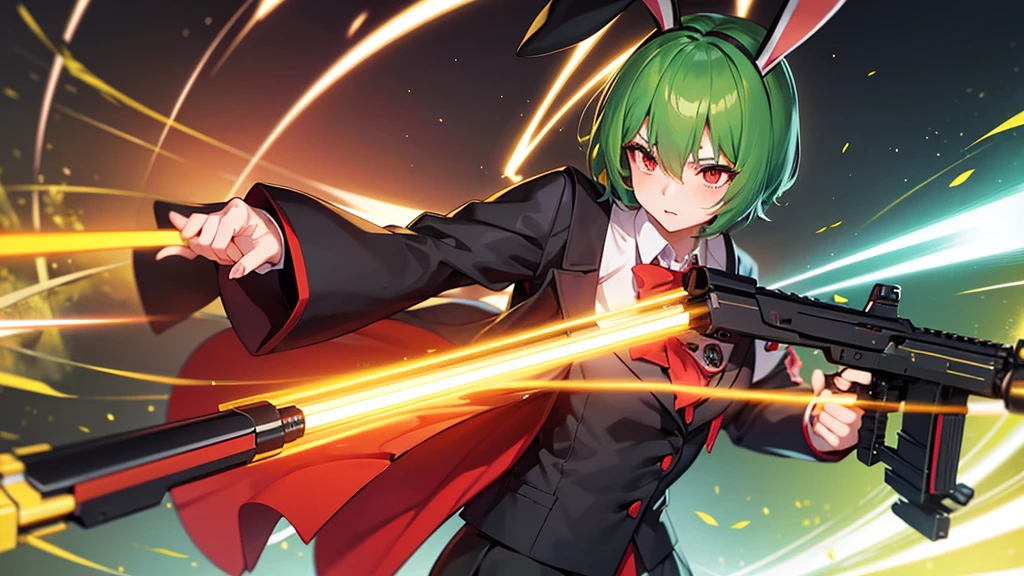 anime, rabbit ears, green short hair, red eyes, (japanese anime style), (((long guns))), japanese school girl suit, ery detailed CG unified 8k wallpaper, very fine 8KCG wallpaper, hyper quality,