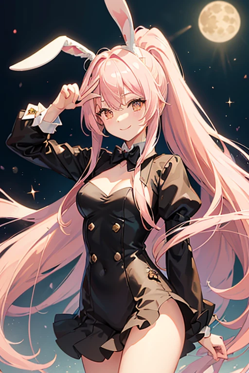 (masterpiece), best quality, (gentle smile), rabbit girl, (bunny ears:1.2), (long pastel pink hair:1.2), (hair bangs), (hair hiding ears), (ponytail), (no visible human hears:1.2), (golden eyes:1.2), (fluffy bunny tail), (wearing black stage magician clothing), (wearing black top hat), (soft smile), moon background