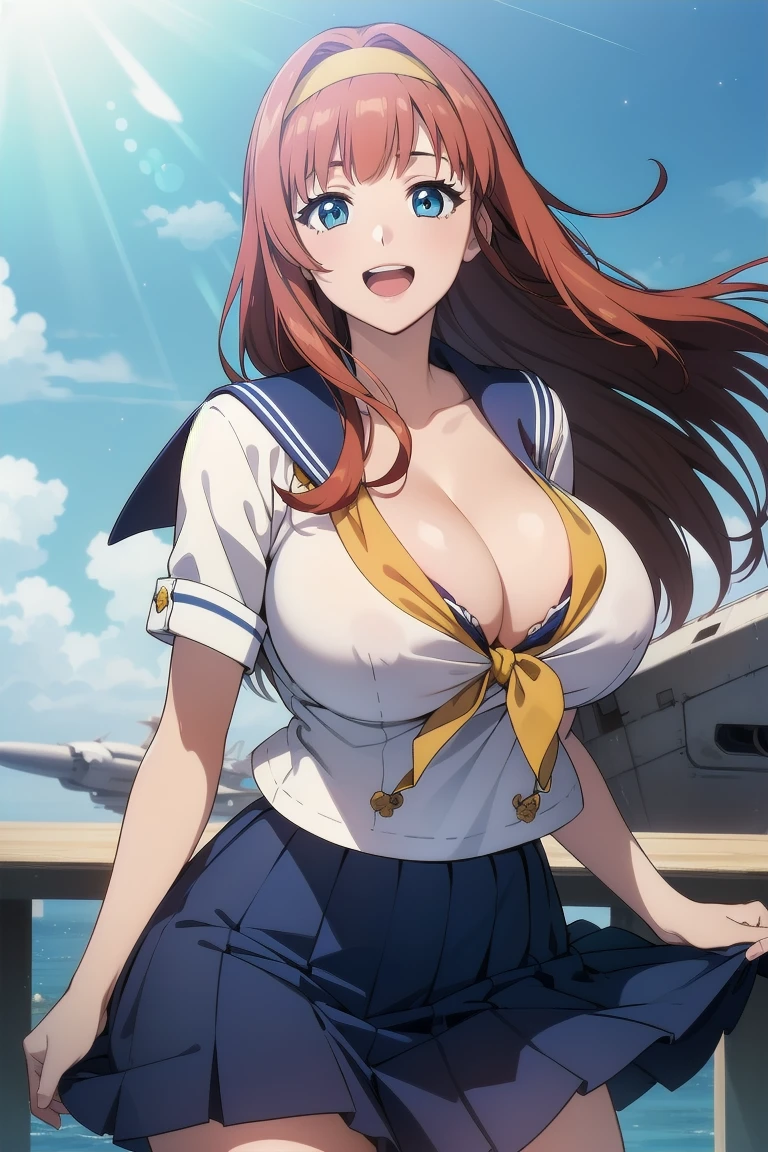 (Very beautiful face and eyes:1.2),(Laugh together),((Large Breasts))、Skirt fluttering in the wind、Fresh Skin、Beautiful legs,Sailor suit、,Redhead、Yellow headband、Space Battleship Yamato、(((Cleavage、Areola、)))
(highest quality,masterpiece:1.2),1 girl,Observe the audience,
Natural light,Hair blowing in the wind,Beautifully detailed skies,