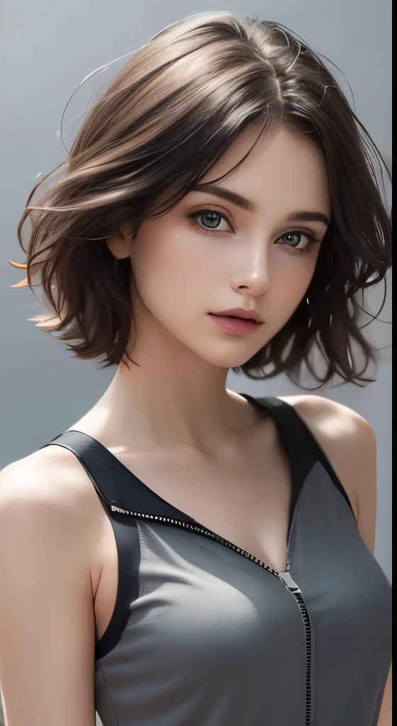 8K uhd、RAWphotograph、モデルphotograph撮影、 European race、(masterpiece、highest quality、Photorealistic、High resolution、photograph:1.3)、Close-up、Focusing、Hot Model、slim、30 year old mature woman、Small face、No makeup、Short Hair、Dark Brown Hair、Fine beautiful eyes、Real Skin、(perfect body)、Sexy hot face、Erotic、Sexual gaze、Detailed beautiful eyes、Glossy lips、Small breasts、Small breasts、Bust B cup、Realistic details、Cool beauty、Cool pose、Background gray、Plain grey background、((Wearing a zip tank top sweatshirt))、