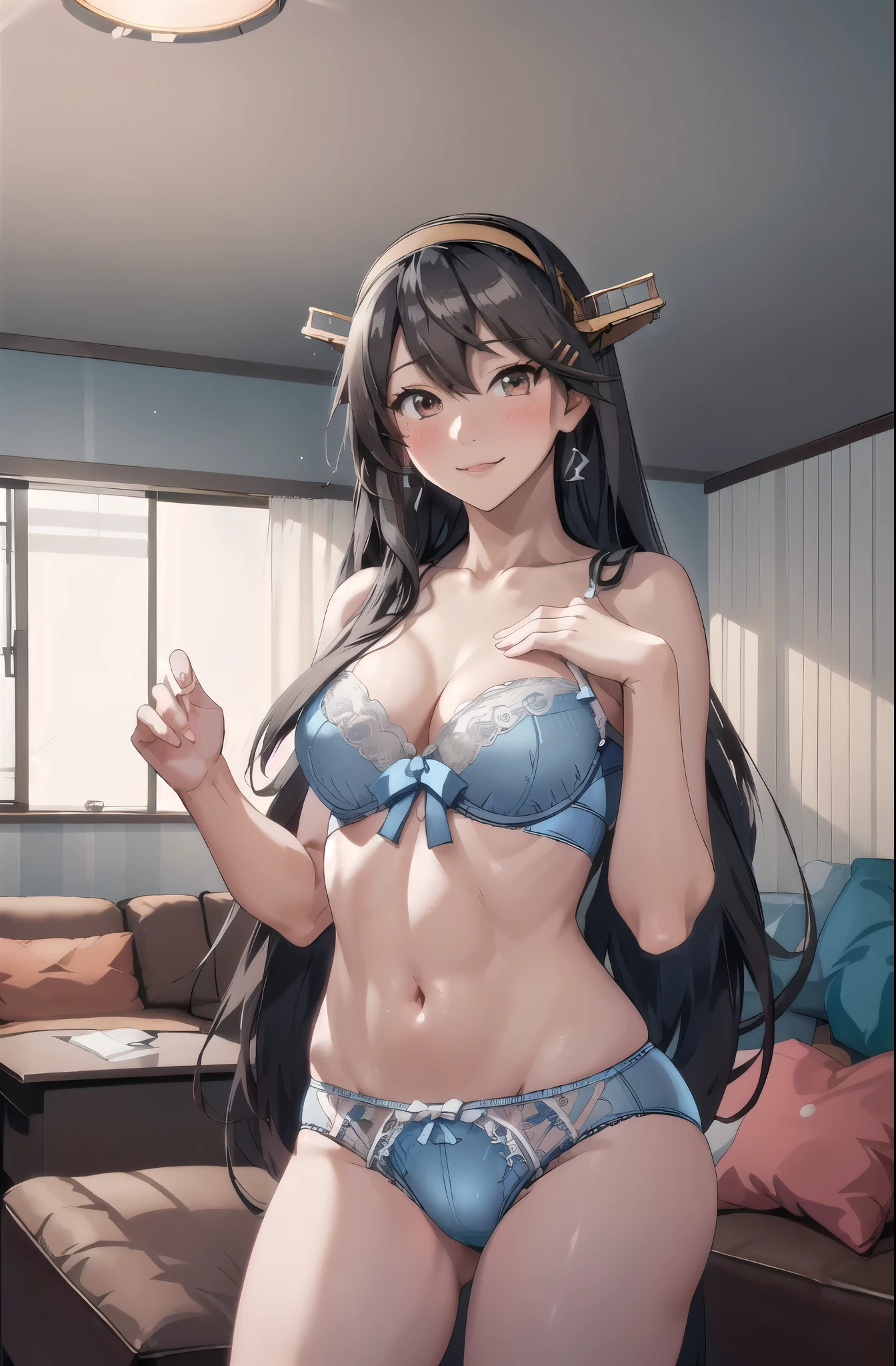 highest quality, masterpiece, High resolution, alone, {Aaron_Kantai Collection:1.15}, black_hair, length_hair, hair_ornament, hairband, Brown_eye, hairclip, blush, smile, headgear, chest, , hair_between_eye,, ((Office Background, Living Room Background))(Light blue panties), (Light blue bra), (In underwear), (Flashy underwear), (lingerie), Fully nude,