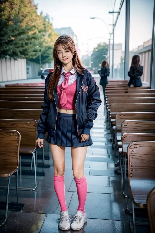 high school girl, Dark blue jacket, Pink Super Mini Skirt, Pink tie, socks, Pink long hair, alone, Academics、rainbow、shine、Full Body Esbian, Watching the audience, Front view,