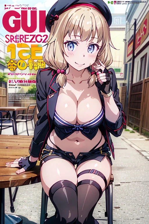 (from below:1.2),(from side:0.9), ((cute Face)), (Close-Up:0.6), ((looking at viewer, holding a icecream)),(Italian sweets magazine cover:1.4), highest quality、(real、photorealistic:1.5),(ultra high resolution,dark blue hair,long hair,side ponytail,hair between eyes,bangs, (beret, black jacket, open clothes, cleavage, midriff, black shorts, black thighhighs, thigh strap, fingerless gloves, single glove:1.2), (double breasted,under bust:1.2), sitting at a table, cute, anime visual of a cute girl, cute anime girl, eating cakes, young anime girl, guweiz, high quality anime artstyle, anime girl, artwork in the style of guweiz, beautiful anime girl, pretty anime girl, (anime girl), official artwork,(with sparkling eyes and a contagious smile),her thin pubic hair, looking at viewer, pose muy sexy"
