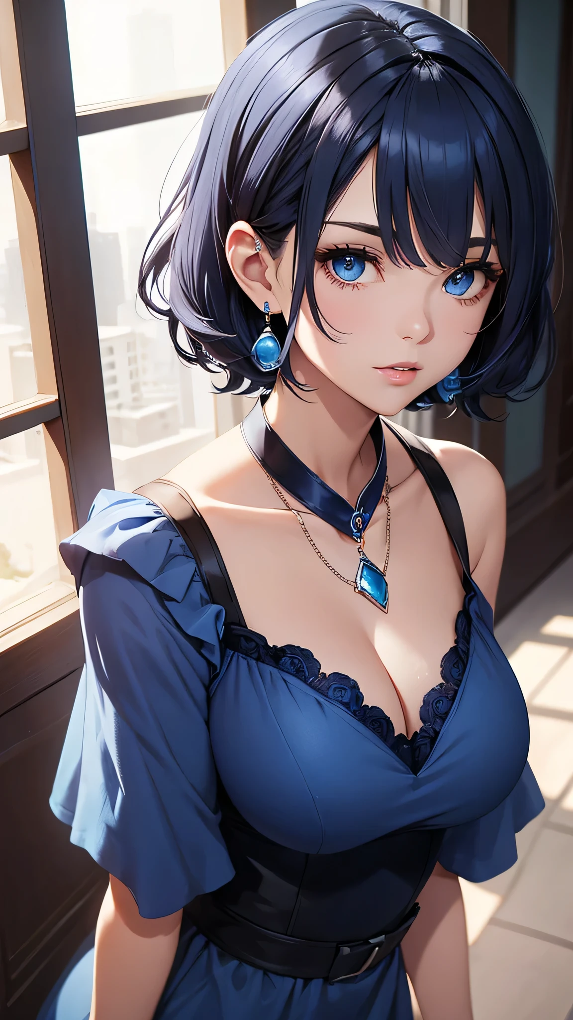 Beauty,Dark blue short hair(Inward Curling Bob) ,blue eyes,A blue dress that looks like underwear、((Big Breasts))、super close range、Blue Necklace、Blue earrings、head band、Short Hair、Emphasize the chest