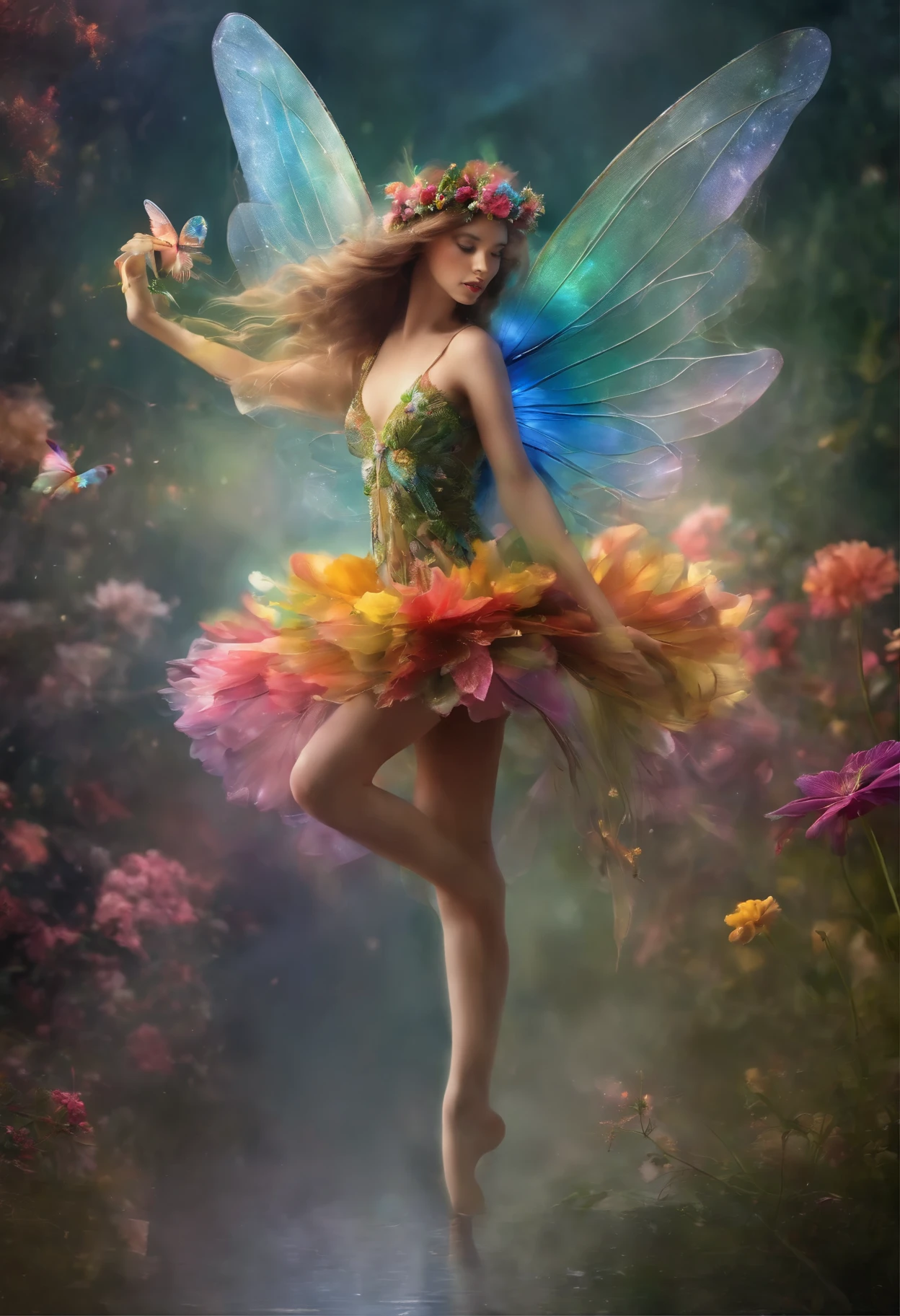 Color photo of flower fairy with transparent colorful wings, Have a magic wand
