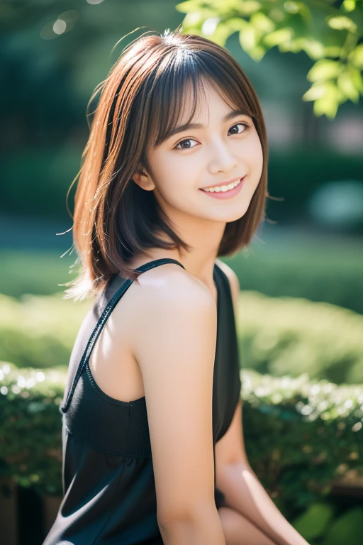 (8k、Raw photo、highest quality、masterpiece:1.2)、(Realistic、Photorealistic:1.37)、Ultra-detailed、超A high resolution、1 girl、((Beautifully detailed face、The golden ratio is oriented left and right、Balanced Eyes、double eyelid,Lip gloss))、Beautifully detailed skin、Skin Texture、Professional Lighting、(Very beautiful 19 year old girl)、((Bob Hair、hair band))、Japanese 、Smile、View Photographer、garden、Black Pantyhose