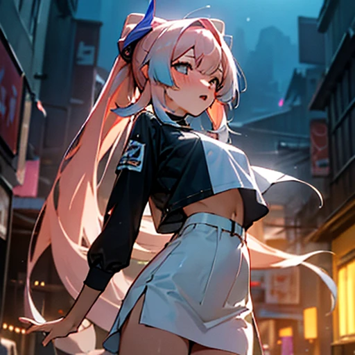 masterpiece, best quality, HuTaoV4, 1girl, solo, blush, twintails, long hair, hair between eyes, ((streetwear clothes)), city, outdoors, night, movie poster, extremely detailed 8K, smooth, high resolution, ultra quality, cinematic lighting, ambient occlusion, hd, 2k, 4k, 8k, 16k, extremely detailed anime, detailed faces, perfect composition, wide shot, atmospheric lighting, very sexy, lift skirt, random low back angle, uncensored, nsfw, sin censura