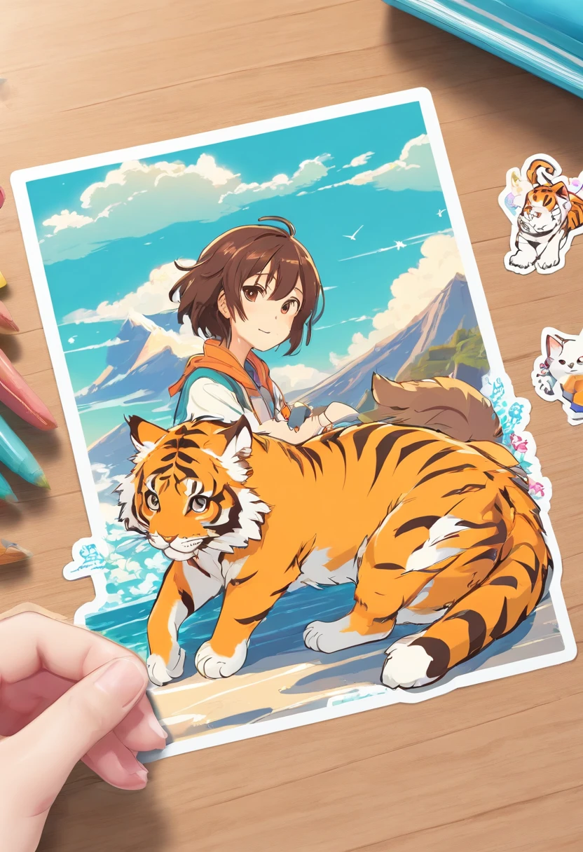 Stickers, Kizi tiger kitten, Contour, vector, White outline