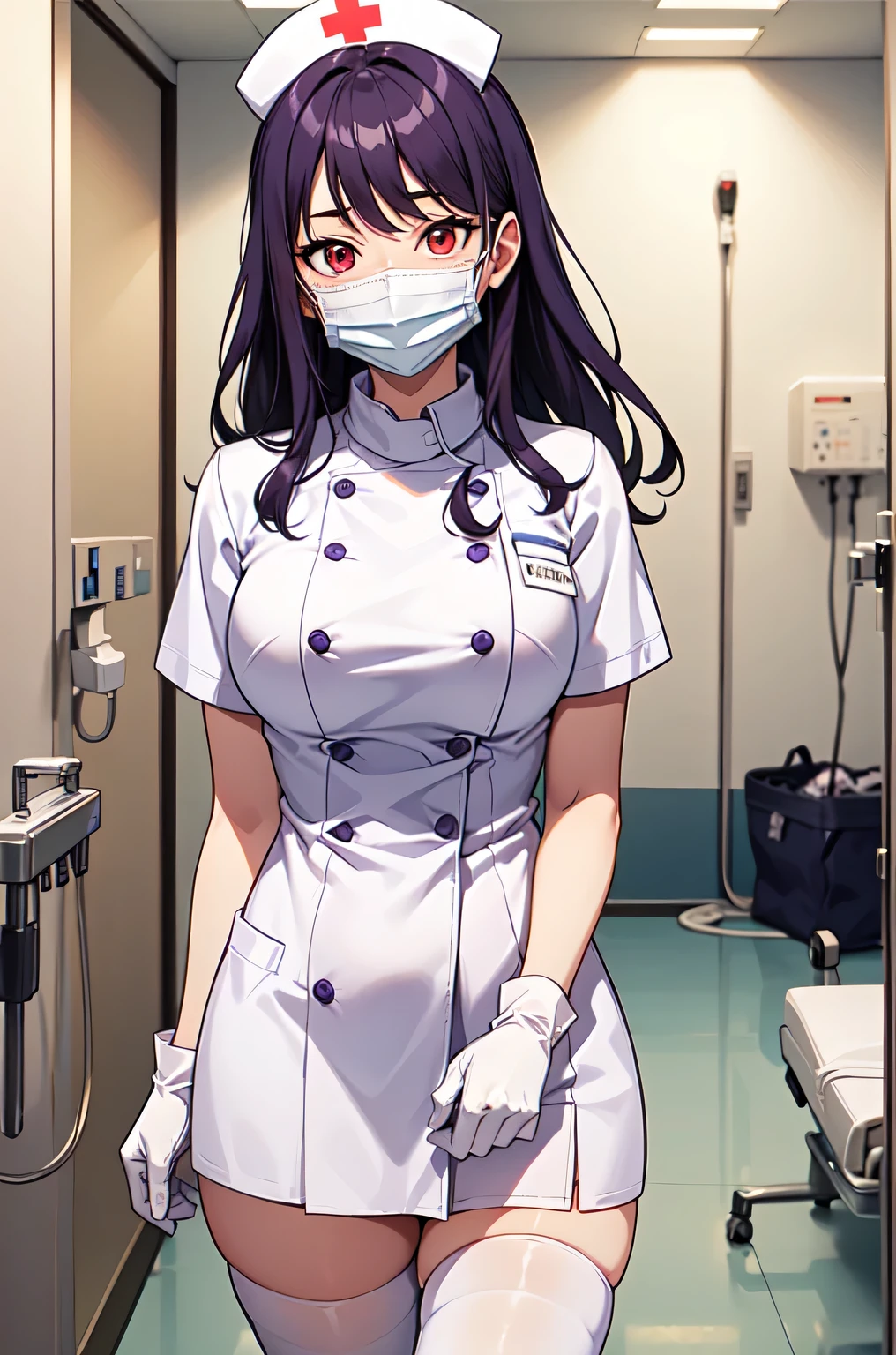 1woman, solo, nurse, white nurse cap, white nurse uniform, ((white legwear, zettai ryouiki)), white gloves, long hair, purple hair, red eyes, ((white surgical mask, covered nose)), standing, ((hospital room)), sharp outline, short sleeves, mature female, 35 years old, best quality, masterpiece