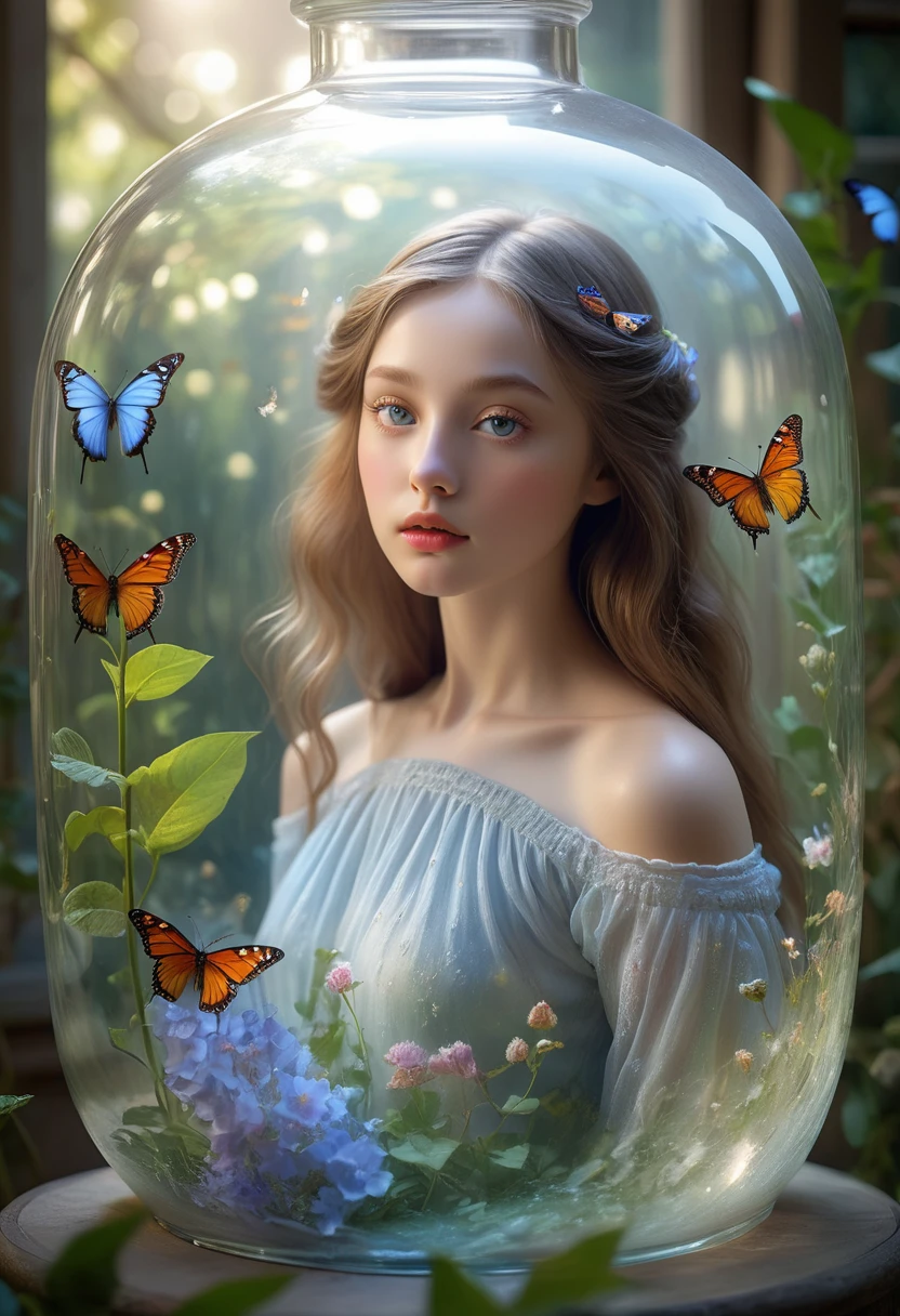 (best quality,4k,8k,highres,masterpiece:1.2),ultra-detailed,(realistic,photorealistic,photo-realistic:1.37),a girl in a bottle,porcelain texture,[vibrant colors],[ethereal atmosphere],fragile girl,beautiful detailed eyes,beautiful detailed lips,soft porcelain skin,longeyelashes,flowing hair,dreamy expression,filled with wonder,sparkling dress,captivating pose,gentle sunlight,enchanted garden,floral surroundings,reflections on the glass,butterflies fluttering,whispering breeze,peaceful ambiance,hidden secrets,otherworldly beauty,colorful blooms,ethereal glow.